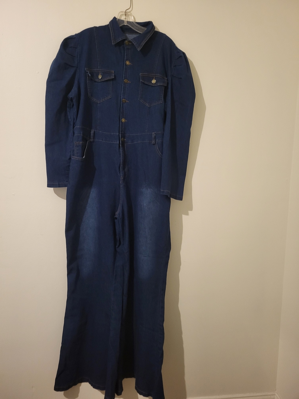 Women's Dark Blue Denim Utility Jumpsuit Flared Wide Legs Long Sleeves READ